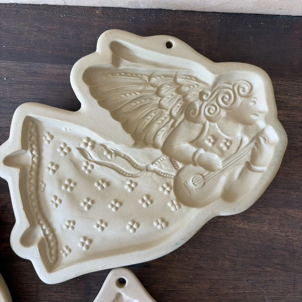 Vintage Brown Bag Cookie Art Molds Stoneware Set Of 3 Angel Christmas Tree Santa